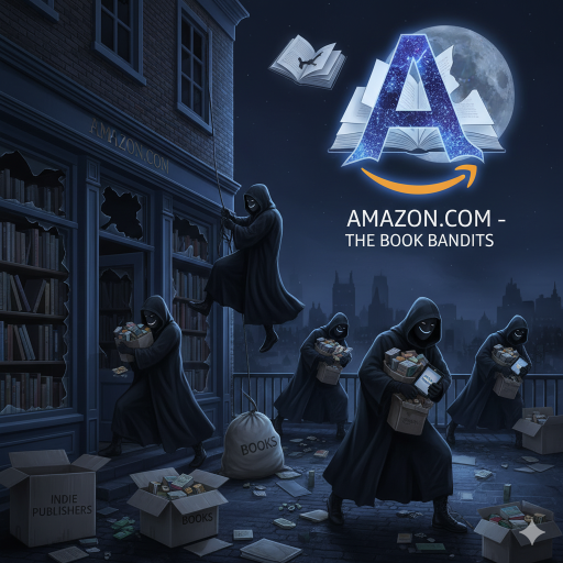 Protest artwork: 'Amazon.com — The Book Bandits' banner for the article